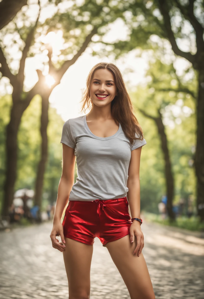 ultrarealistic high quality photo of a beautiful young european woman with cute face and brunette pigtails hair and beautiful smile, wearing casual wet t-shirt and shiny red spandex shorts, full body outdoor photography, public park with many other people, kiss hand to the viewer
