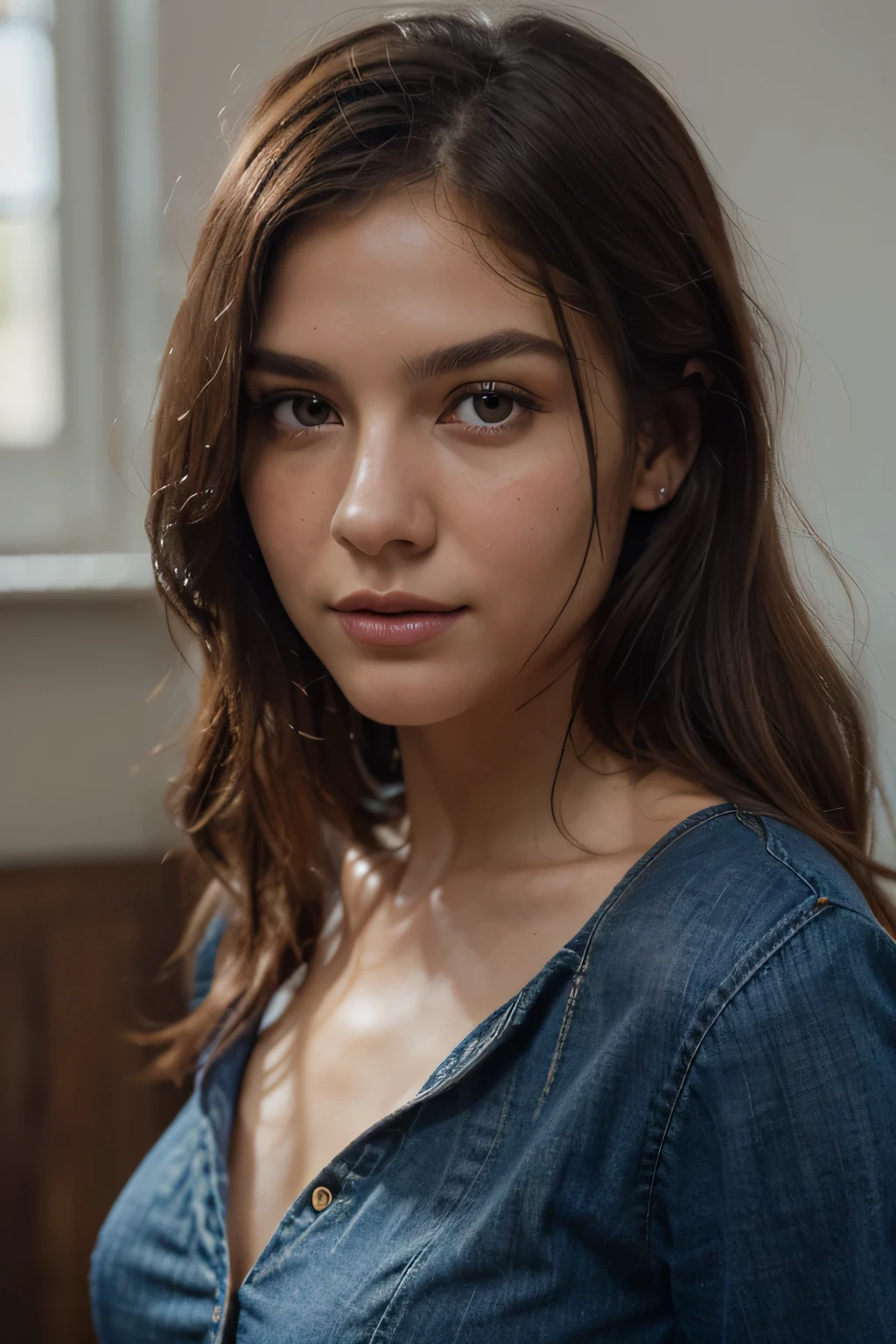 Full facial portrait photo of a 25-year-old European girl, RAW, little_caprice, labios fresa semiabiertos, hoyuelos, wistful look, (extra long wavy brown hair), ((cara detallada)), ((rasgos faciales detallados)), (piel finamente detallada), pale-skin, (deep neckline detailed high-tech cyberpunk dress), entorno de megaciudad cyberpunk, (cold colors), humid, humid, reflejos, (obra maestra) (perfect ratio) (foto realista) (mejor calidad) (detallado) tomado con una Canon EOS R5, Lente de 50 mm, F / 2.8, HDR, (8k) (fondo de pantalla) (cinematography lighting) (dramatic illumination) (foco nítido) (intrincado), foto RAW, foto RAW, foto gigachad, posing for camera, jeans negros, brazos traseros, 8k uhd, DSLR, alta calidad, grain film, Fujifilm XT3