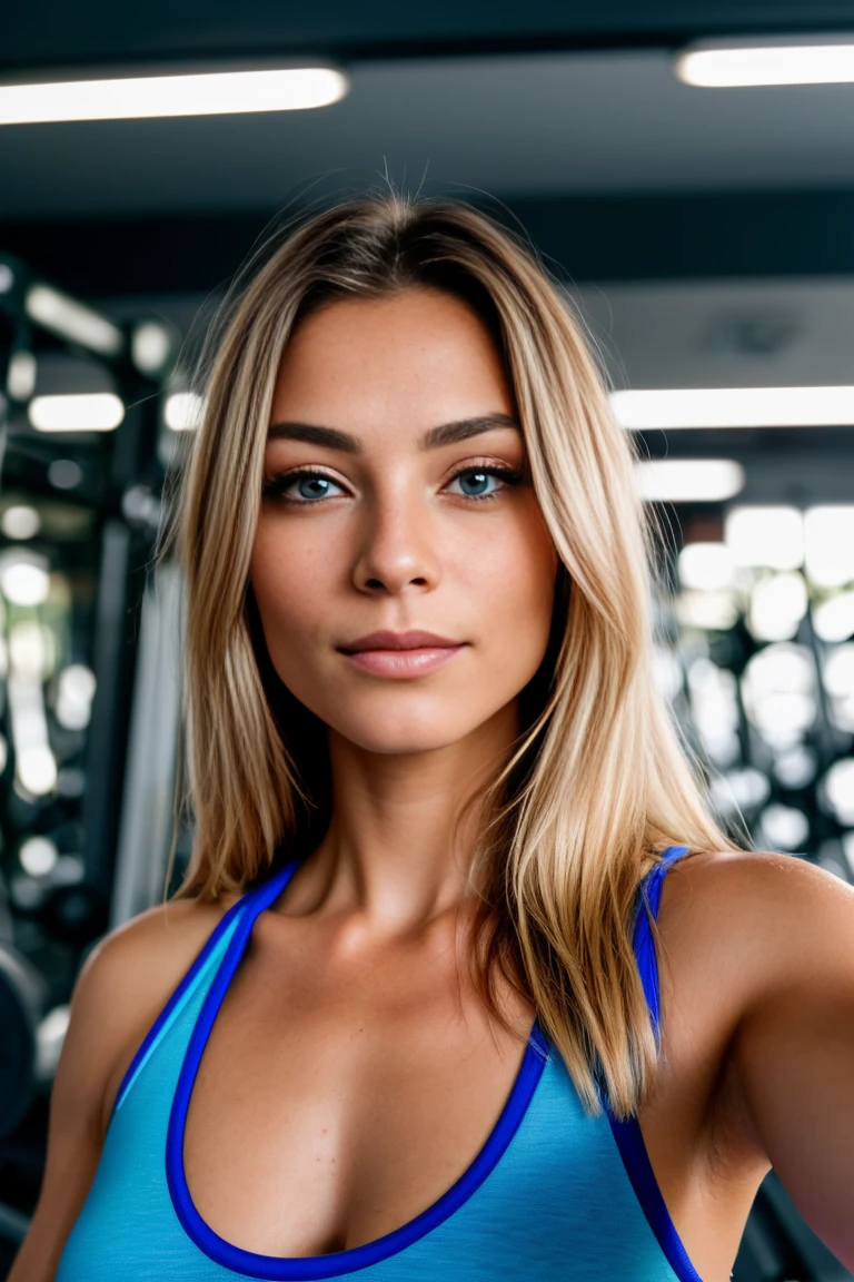 RAW uhd closeup portrait of a 24-year-old blonde, natural blonde hair, locks, straight hair, (blue-eyed woman) in the gym taking a mirror selfie, breasts naturai, gym background, (gym clothes), detailed (textures!, hair!, brightness, color!, imperfections:1.1), highly detailed bright eyes, (looking at the camera), specular lighting, dslr, ultra quality, sharp focus, sharp, dof, film grain, (centered), Fujifilm XT3, crystal clear, center of frame, cute face, sharp focus, light pole, neon lights, bokeh, (dimly lit)