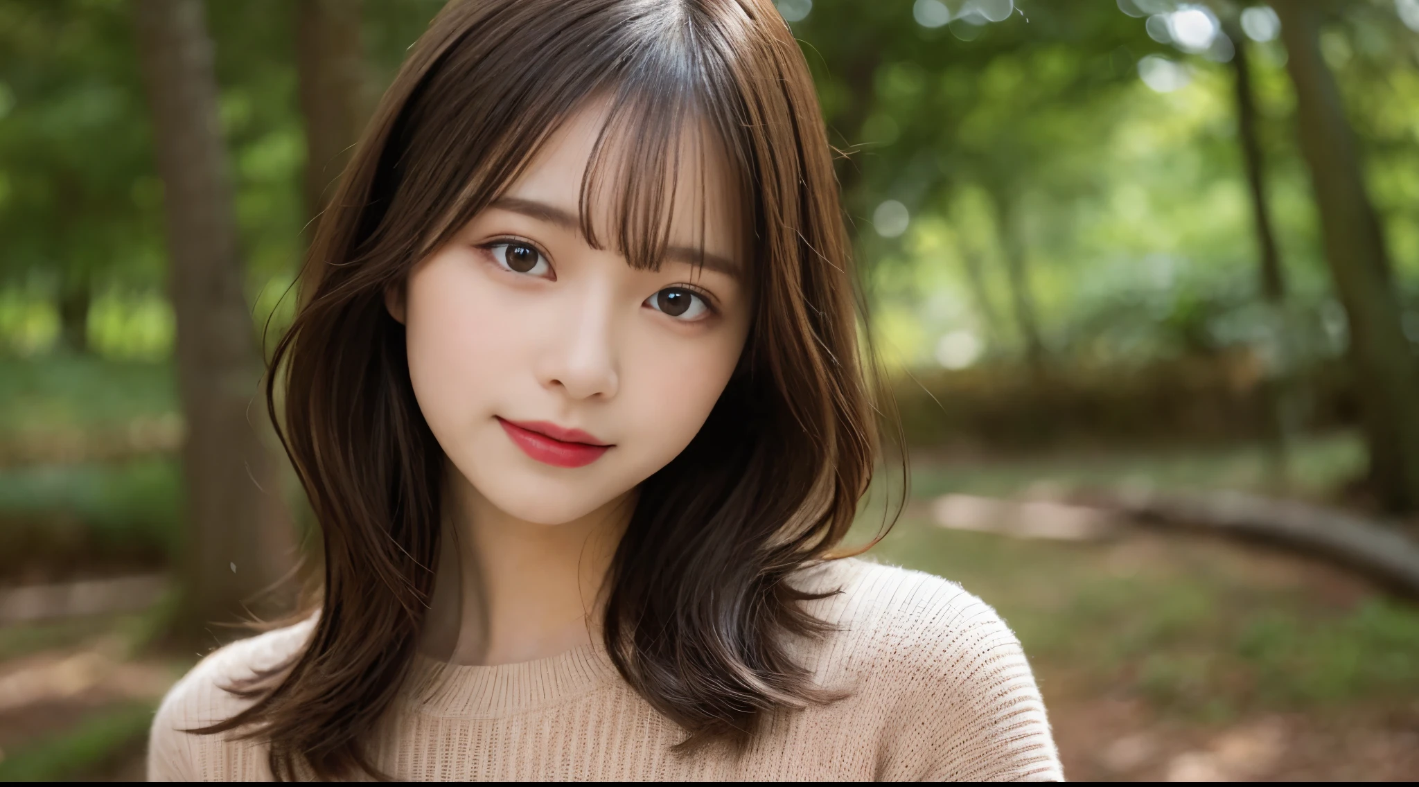 masutepiece, Best Quality, Illustration, Ultra-detailed, finely detail, hight resolution, 8K Wallpaper, Perfect dynamic composition, Beautiful detailed eyes, she is wearing a black long sleeve knit,Medium Hair,Natural Color Lip,Smile,Harajuku、20 years girl、Bust up angle looking at camera、Arms behind your back、hands are never visible、C Cup、Brown hair、cacique#39;s face、Blurred forest background