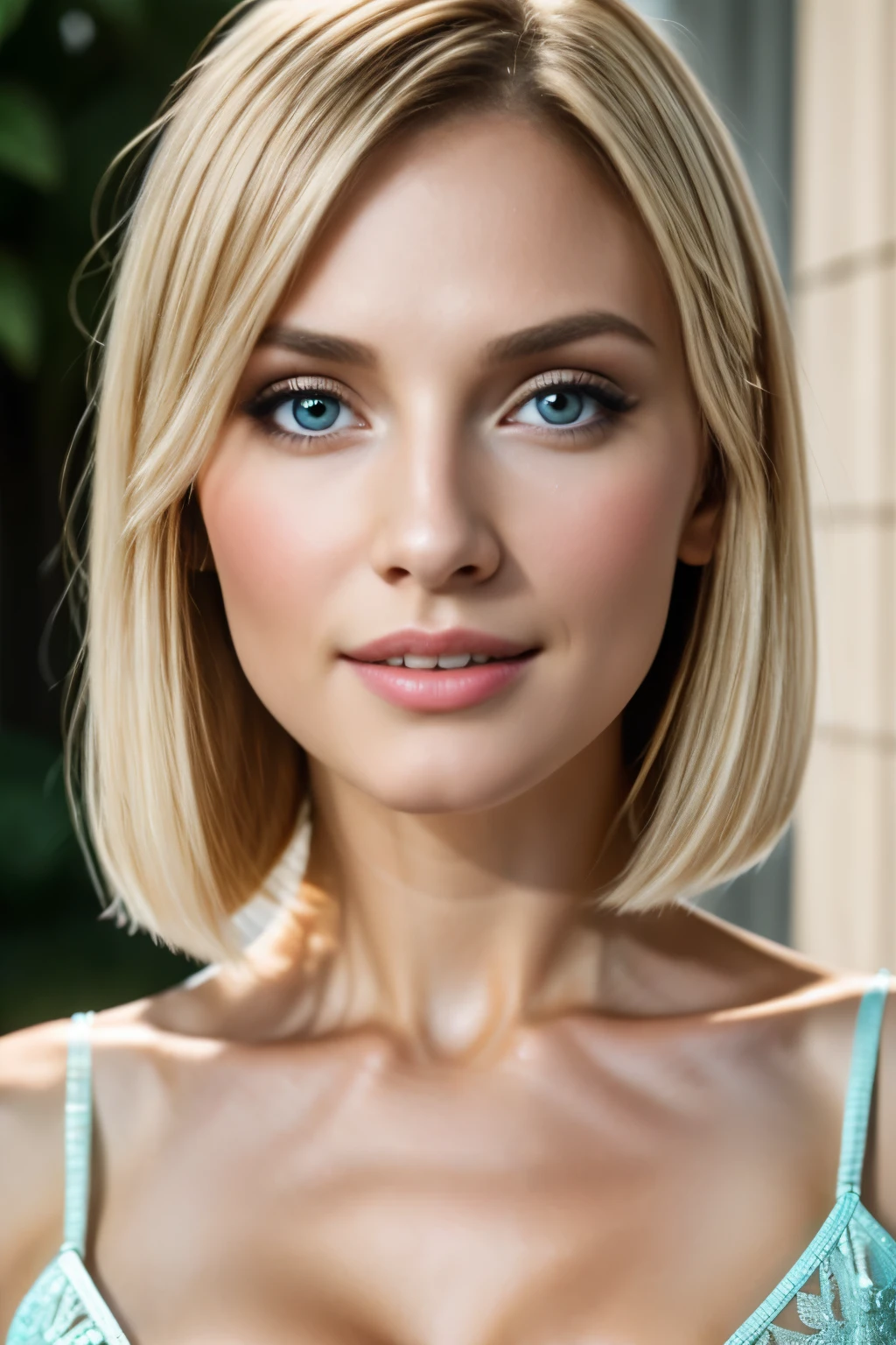 masutepiece, Best Quality, Photorealsitic, Ultra-detailed, finely detail, hight resolution, in 8K, bionde, One 30-year-old woman, stylish bob haircut, perfect hand, perfect hand指, A detailed face, Detailed lips, Detailed nose, detailed skin textures, see-through blue dress, Smaller bust, cleavage of the breast