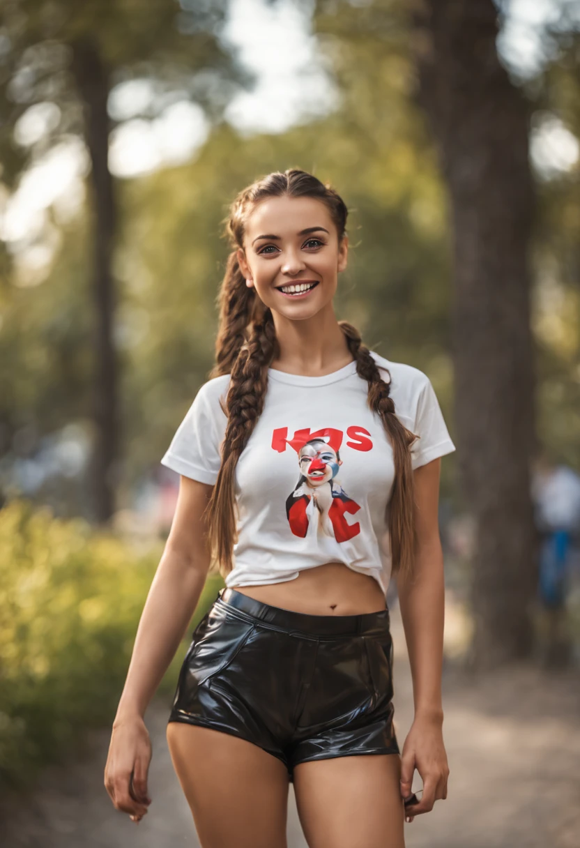 ultrarealistic high quality photo of a beautiful young european woman with cute face and brunette pigtails hair and beautiful smile, wearing casual wet t-shirt and shiny metallic red spandex shorts, full body outdoor photography, public park with many other people, kiss hand to the viewer