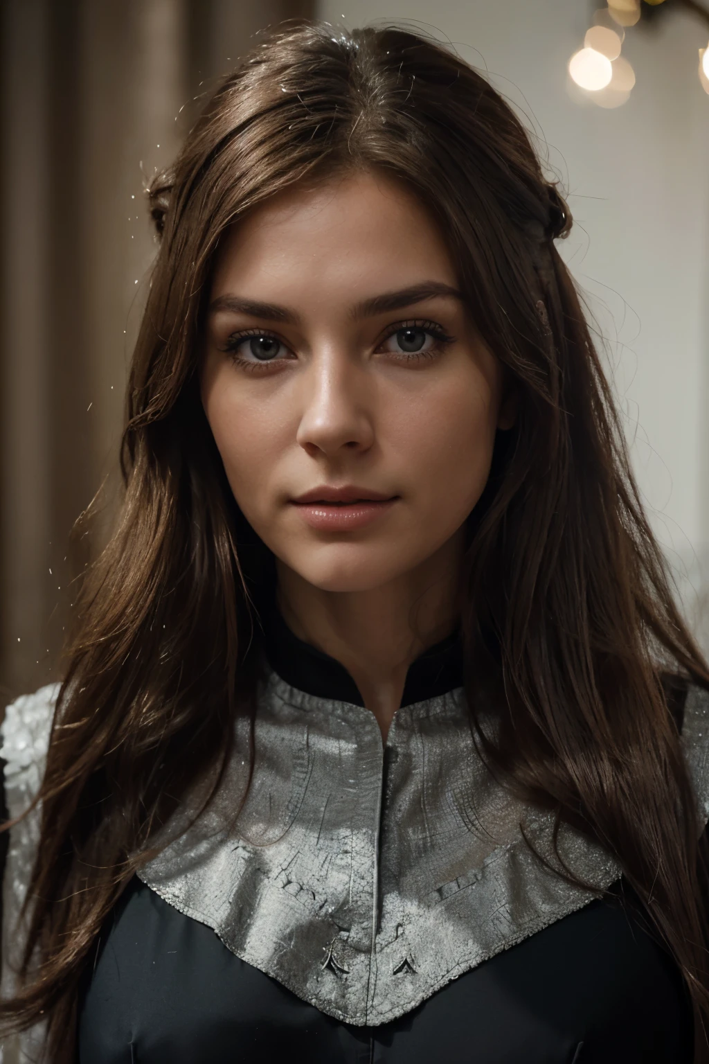 Breathtaking cinematic photo of a 30 year old girl with Braunes Haar and braune Augen, happy, happyer Gesichtsausdruck, geschlossener Mund, beautiful lips, Komplizierte Details, light depth of field, Highly detailed, Hohes Budget, epischer Hollywoodfilm, splendid, Meisterwerk, awards winning, Professionell, Highly detailed, Detailliertes Hautbild, (flush: 0.5), (goosebumps: 0.5). (the most beautiful woman in the world) (Braunes Haar) (kurzes lockiges Haar, wildes Haar, stilvoller Schnitt) thin face, thin nose, beautiful, very beautiful, perfekt face, Schlank body (Schlank), (Braunes Haar) (braune Augen ) (white skin) beautifuler Körper, Westliche Wand, predatory eyes, rosa Lippen, dicke Oberschenkel. full entire body, Western beauty, thin nose, beautiful, perfekt, ((best quality)), ((ultra resolution)), ((fotorealistisch: 1.4)), (Komplizierte Details), perfekt face, Schminke: 1.5 , Klares Gesicht, Gesichtsdetails. Vorderansicht ((Uniform, tactical costume, Agent costume, Spion))