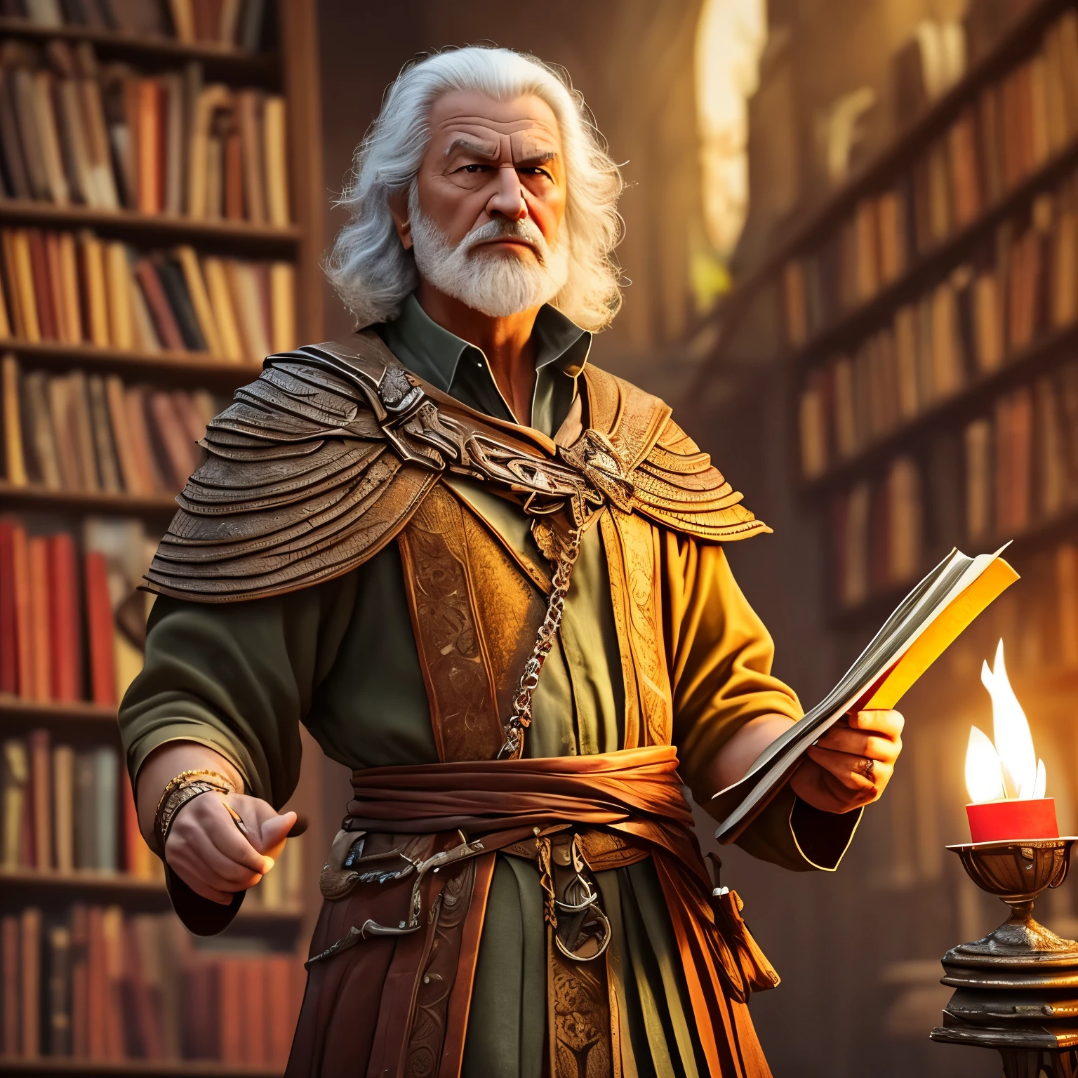 An ancient and wise wizard with a distinguished demeanor, standing in a library of ancient tomes, shelves reaching towering heights with books bound in dragon scales and phoenix feathers, the wizard holds a leather-bound book and staff with a question mark symbol glowing softly, warm candlelight casting gentle shadows on the wisdom-filled surroundings, Artwork, watercolor painting on textured , 3d animated, cartoon style 4k --auto --s2