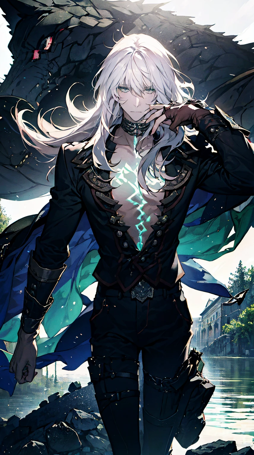 A young man with gray long hair and green eyes. He has beautiful eyes that captivate anyone who looks at them. He has a serious expression on his face. The scene is set in the ruins of the night, where darkness surrounds him. The image will be of the best quality, with ultra-detailed features and a realistic, photorealistic touch. It will be a masterpiece in every sense, capturing the essence of the young man and the mysterious atmosphere of the ruins.