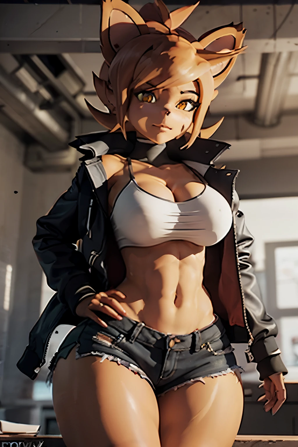 (best quality, masterpiece1.2), 1girl, solo, anthro, cally3d, (fexa), red body, eyepatch, tomboy, shorts, jacket, delinquent outfit, cigarette in hand, pouting, tank top, toned, muscles, abs, 6 pack, closed mouth, blush, fox ears, yellow eyes, woman, sexy, detailed, predator eyes, extreme detail, perfect lighting, 4k, wide hips,