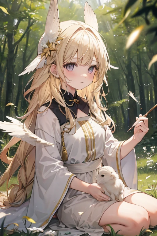 A light golden haired female angel with hazel eyes and white feathers with golden feathers is healing a rabbit in the forest