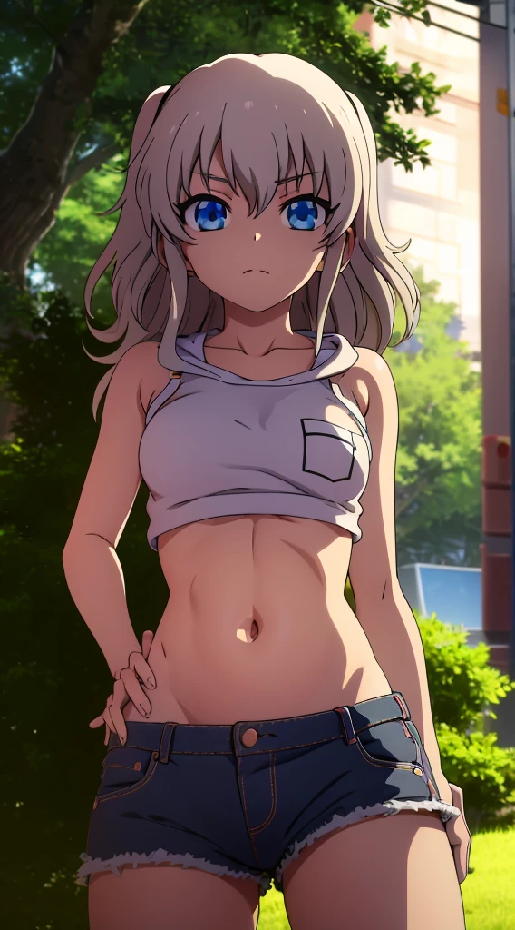 nao tomori | charlotte, underboobs, gray hoodie, denim shorts, belly, stomach, navel, blue eyes, looking viewers, 8k, masterpiece, (ultra high quality), hands in pocket, detailed, best quality, high, high-definition, sharp eyes