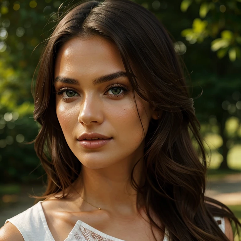 a Brazilian woman. She must be in her early 20s, approximately 5 feet 7 inches tall, with long, wavy brown hair that falls gracefully around her shoulders. Expressive green eyes should radiate charisma, Intense appearance and makeup, symmetrical eyes, symmetrical face, photorealistic, photography, path tracing, specular lighting, volumetric facial light, traced hair, visible shadows, intricate, elaborate, hyperrealistic.