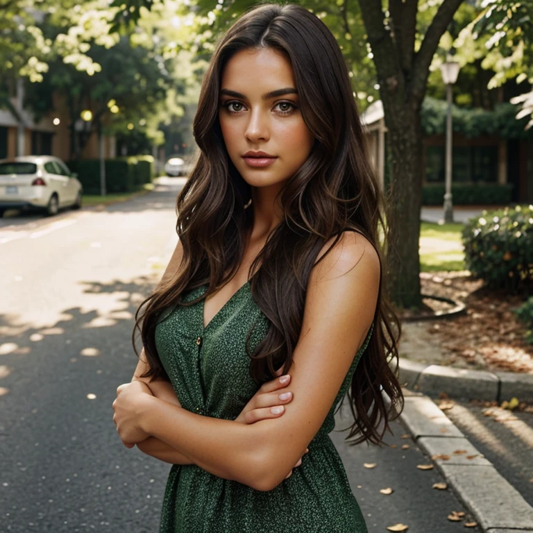 a Brazilian woman. She must be in her early 20s, approximately 5 feet 7 inches tall, with long, wavy brown hair that falls gracefully around her shoulders. Expressive green eyes should radiate charisma, Intense appearance and makeup, symmetrical eyes, symmetrical face, photorealistic, photography, path tracing, specular lighting, volumetric facial light, traced hair, visible shadows, intricate, elaborate, hyperrealistic.