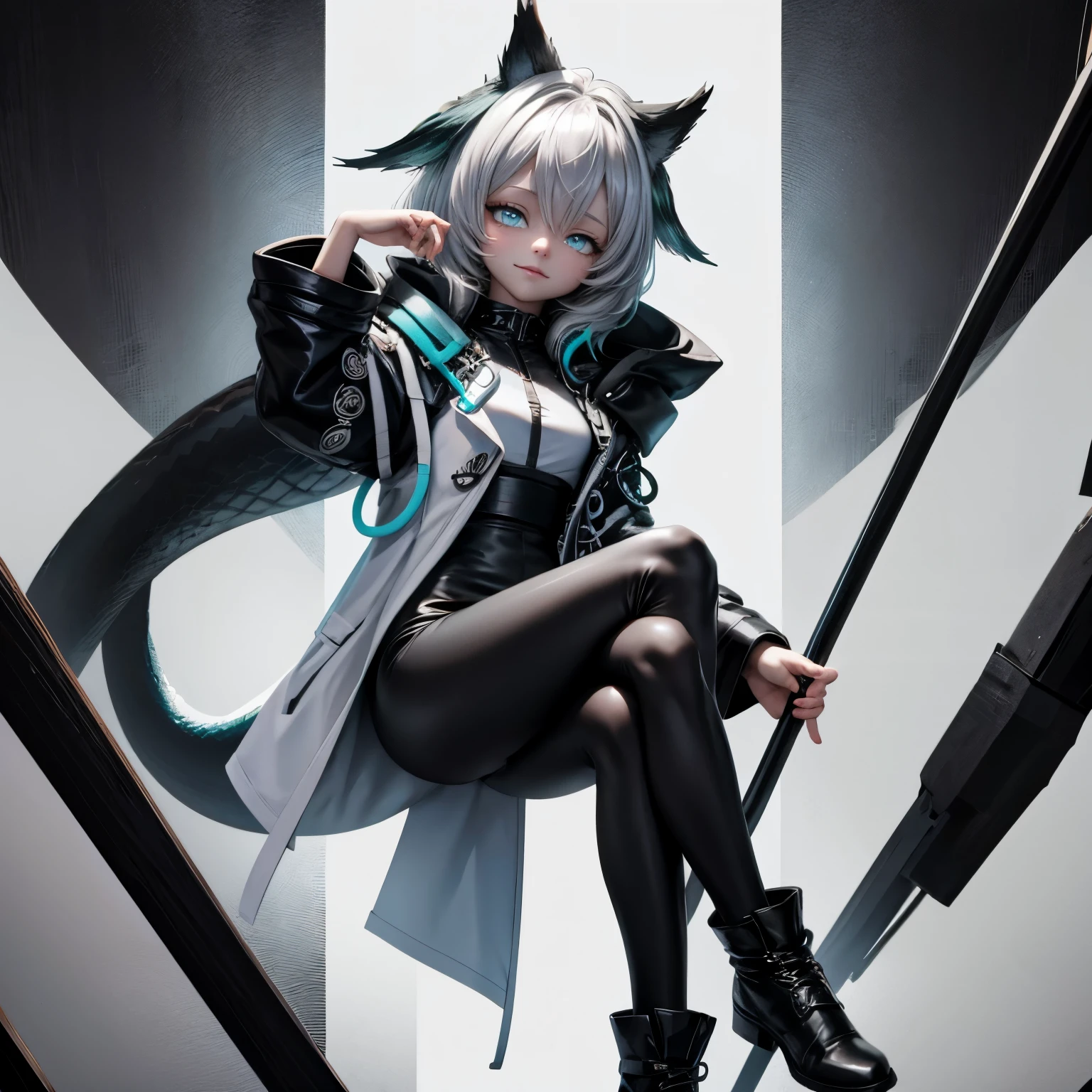 8k, resolution, high quality, high resolution, best quality, best resolution, absurd resolution, ray tracing, high detailed, masterpiece, extremely detailed,shoulder length white hair, female,white 2 wolf ears, teenage girl, slim body, white scale dragon tail,black boots,black leggings, school skirt, white jacket, medium size chest, detailed blue eyes, detailed beautiful face,solo female,1 dragon tail, detailed eyes