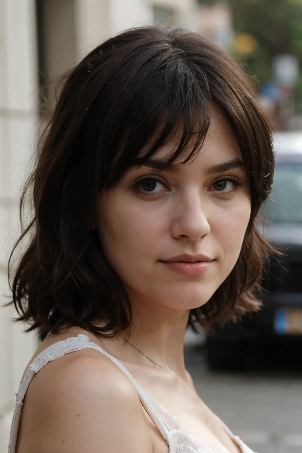 Mejor calidad, Hyper realistic, Detalles, 8k, adolescente, Fifteen years old, Shy, triste, palidez, Grandes ojos muy azules, piel muy blanca, small nose, short brown hair with bangs, white rose garden, Torre Eiffel, uniforme de universidad de lujo