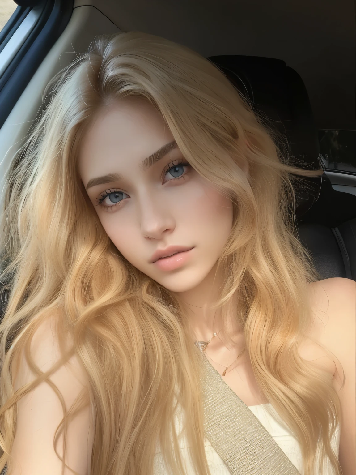 Mujer de pelo rubio con pelo largo sentada en un coche., long cabello rubio y ojos grandes, cara extremadamente hermosa, Cabello largo y rubio y ojos grandes, pale skin curly blond hair, cara muy bonita, hermosa chica rubia, Una chica con cabello rubio, Hermosa modelo joven, cabello rubio y ojos grandes, Cara perfecta ), hermosa joven, con cabello largo y rubio, 18 years old