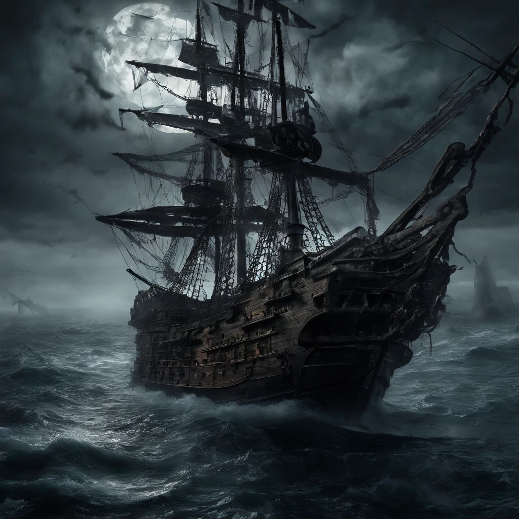 (Best Quality, 8K, Masterpiece, Ultra HD: 1.3, Huge detail, hyper realistic, epic scale, insane level of details), (((kraken crawls along the board of a pirate carrack))), night, very big moon, tense atmosphere