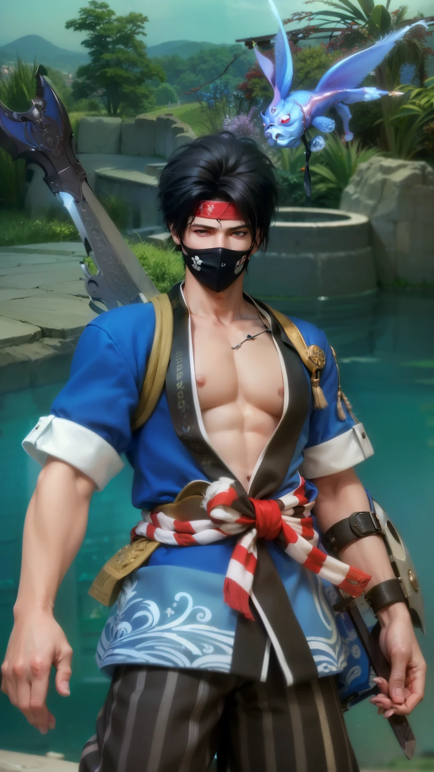 masculine male, masterpiece, ((perfect eyeest quality, (semirealism:1.9), beautiful lighting, (extremely detailed CG unity 4k fhd wallpaper), High Detail, Sharp focus, dramatic outdoors, 1 boy ,19 years old, white hair, light purpel eyes, red bandana, mask, sword fish.