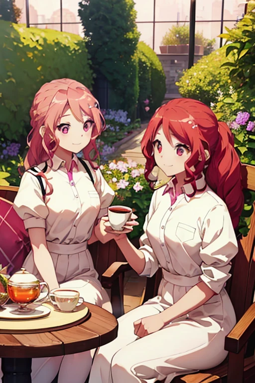 A light golden haired female angel with hazel eyes and white feathers with golden feathers drinking tea with a pink haired queen with violet eyes in a garden
