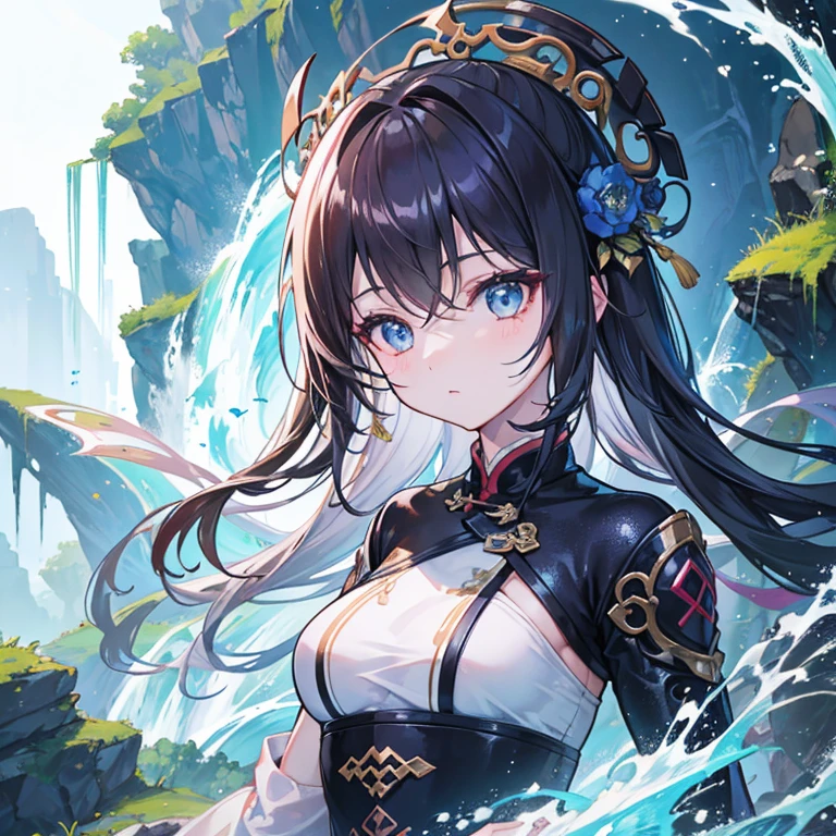 Girl with shiny skin and strong texture、a closeup、A dark-haired、fluffy hair、Hanff、streamer、Flowing ink、Scattering energy、Ride the Chinese Dragon、Landscape waterfall in the background、globalillumination、lush detail、top-quality、​masterpiece