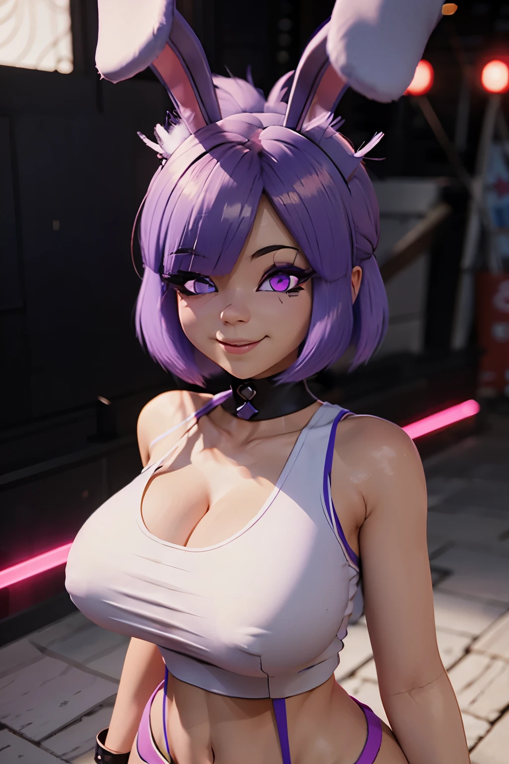 (best quality,3d,ultra-detailed), 1girl, solo, anthro, 3d render, cally3d, (punk girl), rave outfit, (tank top), (bonfie), pink eyes, one eye covered, Bunny ears, smile, two toned fur, smooth body, long hair, (purple hair), red eyeliner, bunny nose, hair clips,