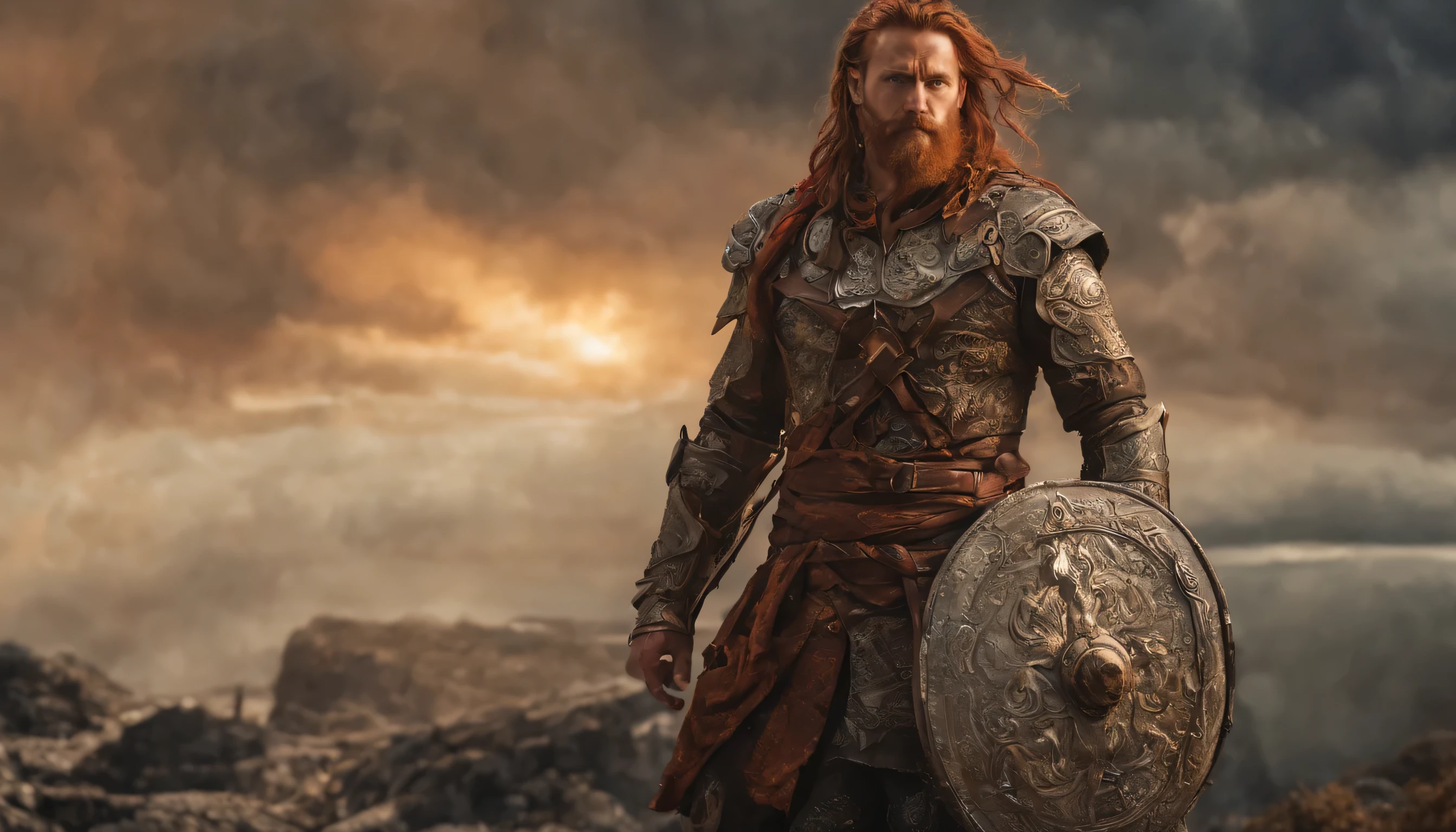 Tall viking man, detailed armor, old engraved leather Cuirass, intricate designs on the Cuirass, intricate Cuirass engravings, imposing and powerful stance, fierce expression, red wild mane braided hair and beard, dynamic pose, intense battle scene, fantasy setting, vibrant colors, dramatic lighting, epic atmosphere, mythical creatures in the background, sword and viking shield, attention to anatomy and facial features, iconic use of highlights and shadows, capturing emotion, masterful composition, looking away into the distance, back facing the viewer