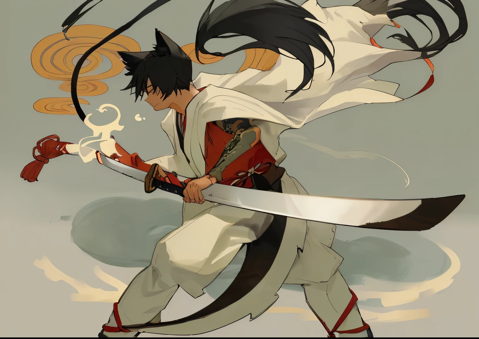 a guy wearing japanese tradisional clothes, wearing cloak, holding a katana, have a tail