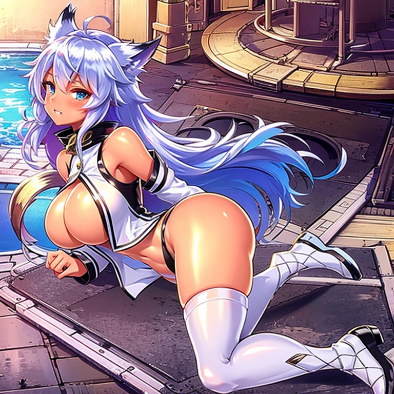 8k, resolution, high quality, high resolution, best quality, best resolution, absurd resolution, ray tracing, high detailed, masterpiece, extremely detailed,shoulder length white hair, female,white 2 wolf ears, age girl, slim body, white scale dragon tail,black boots,black leggings, school skirt, white jacket, medium size chest, detailed blue eyes, detailed beautiful face,solo female,1 dragon tail, detailed eyes