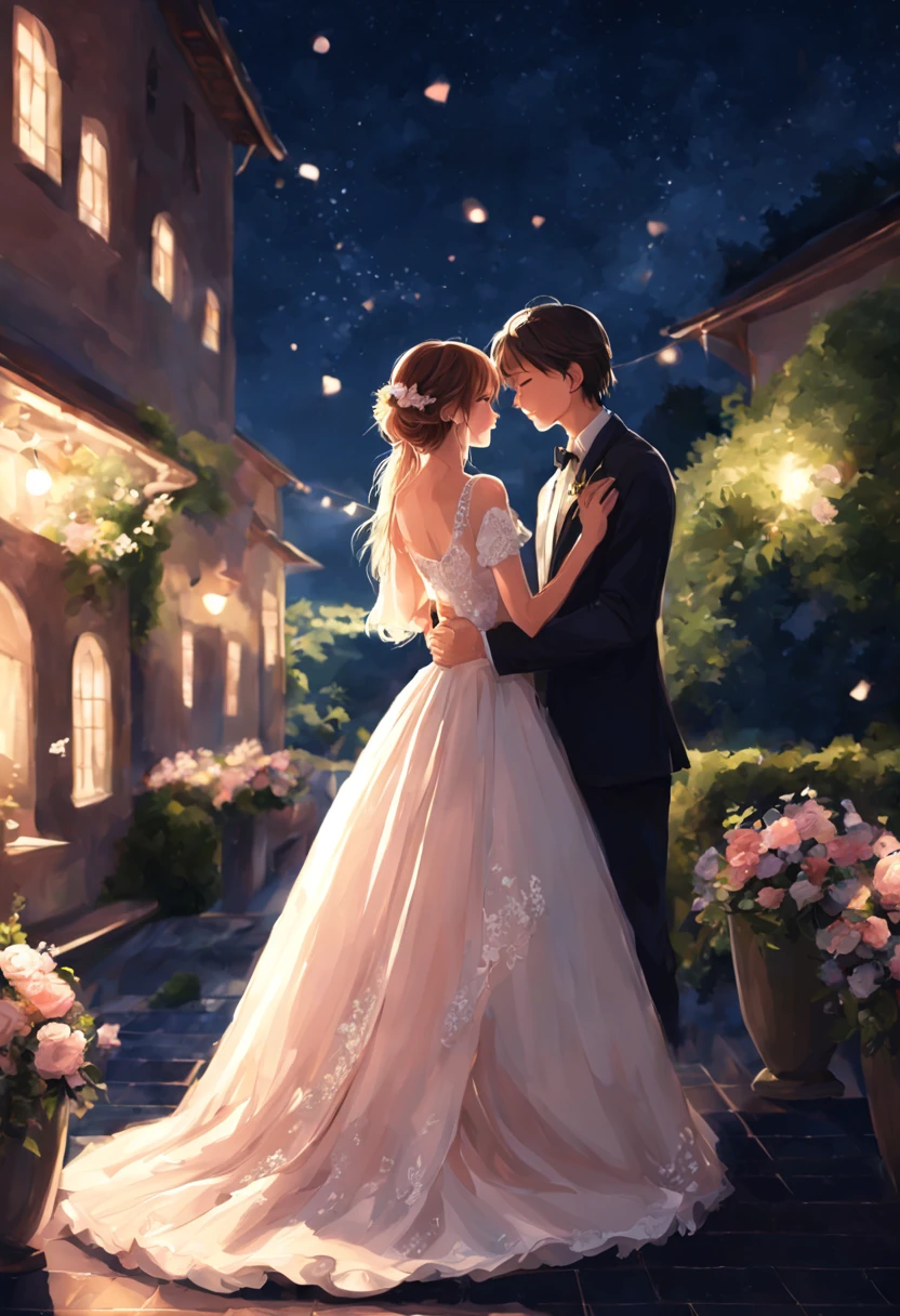 (best quality, high definition, masterpiece:1.2,), Illustration, night, 1girl, full body, (wedding dress), arm behind back, waiting for kiss, looking at viewer, happy, blush,