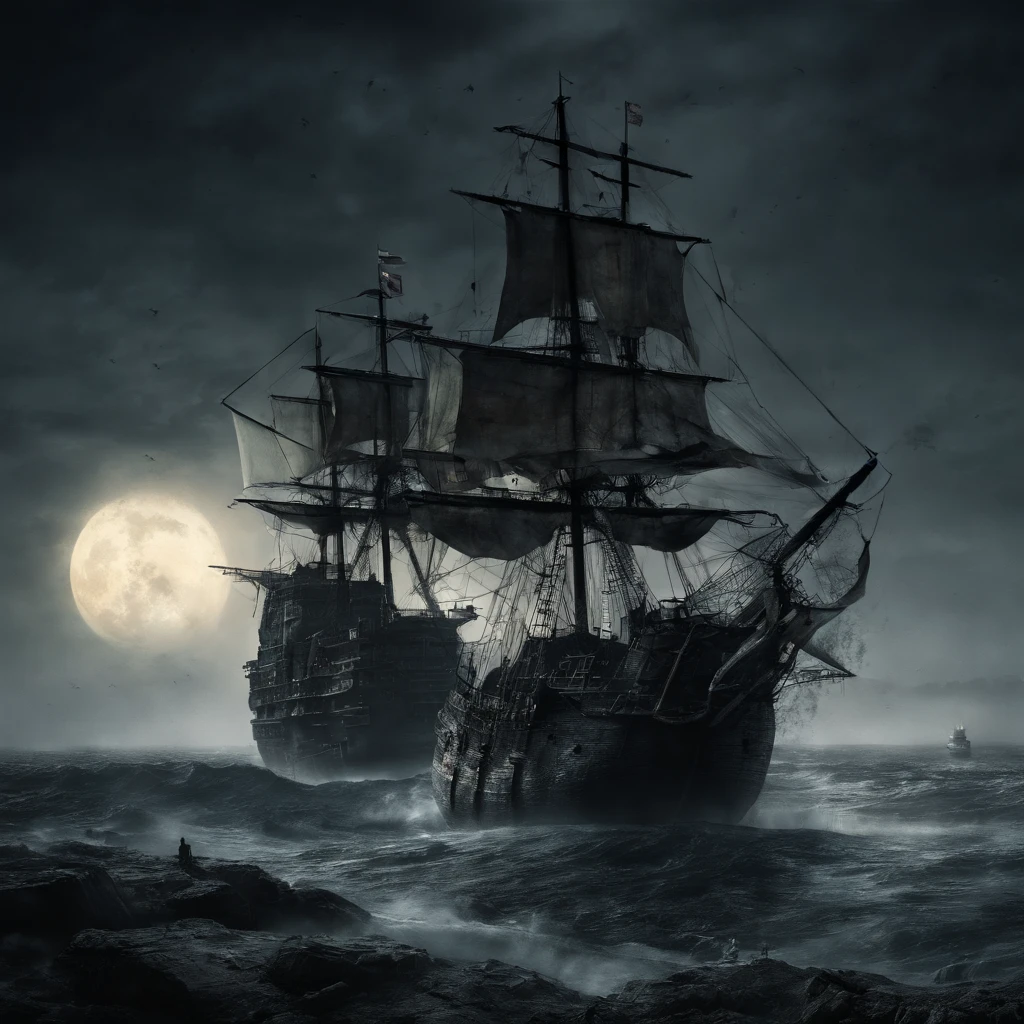 (Best Quality, 8K, Masterpiece, Ultra HD: 1.3, Huge detail, hyper realistic, epic scale, insane level of details), pirate carrack, shipwreck, night, very big moon, rocks, lighthouse, beam of light from the lighthouse, tense atmosphere