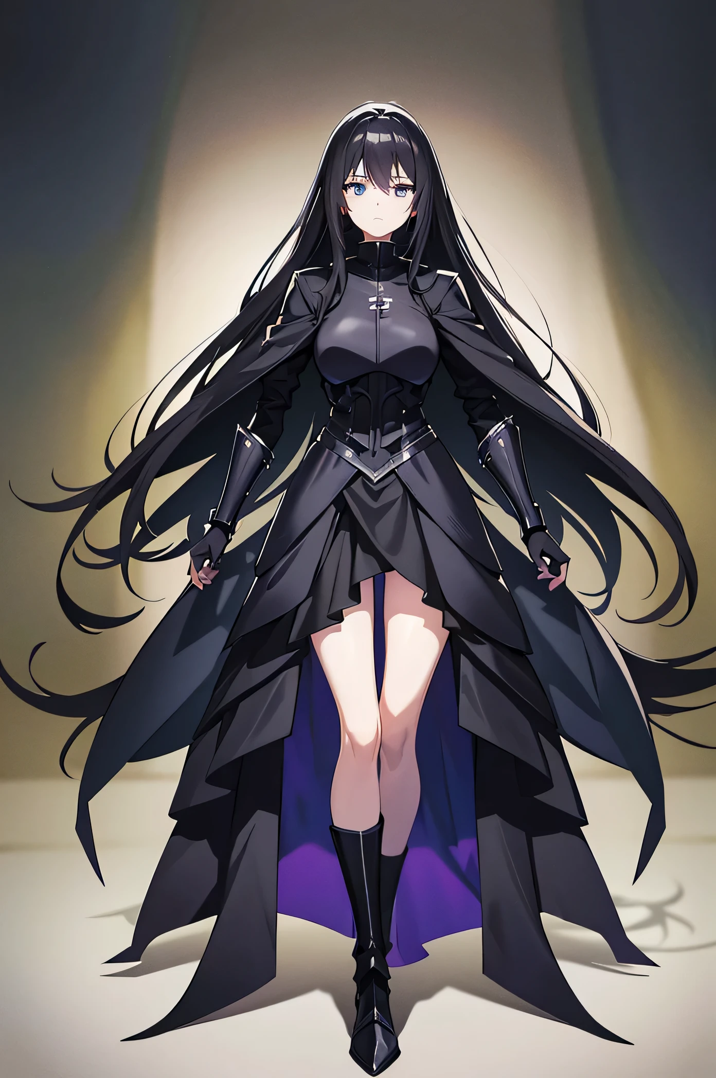 a cartoon image of a woman in a black outfit and a long black coat, wearing techwear and armor, sao style anime, inspired by Jin Homura, “anime girl, pale black armor, dark sorceress fullbody pose, :14 80s anime style, by Jin Homura, character adoptable, full body adoptable, clear outfit design, outfit design