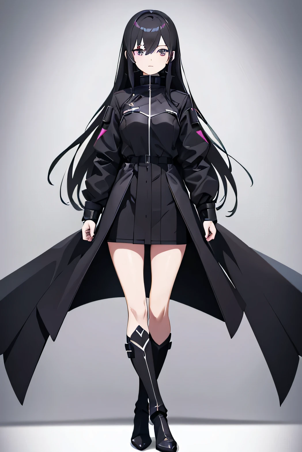 a cartoon image of a woman in a black outfit and a long black coat, wearing techwear and armor, sao style anime, inspired by Jin Homura, “anime girl, pale black armor, dark sorceress fullbody pose, :14 80s anime style, by Jin Homura, character adoptable, full body adoptable, clear outfit design, outfit design