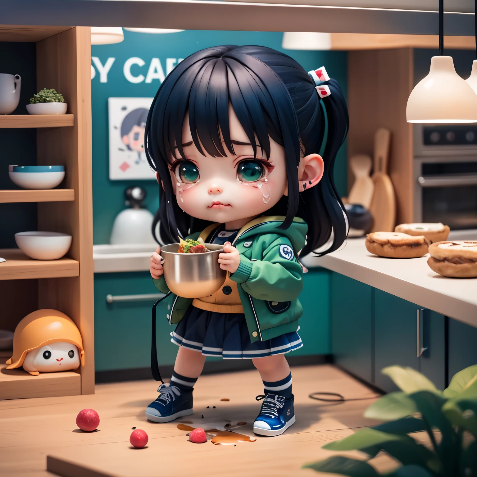 1 girl,chibi,cooking in the kitchen, restaurant theme, food spilling and falling and slipping on face and body, sad face and crying face, green jacket, long short blue, black shoes, black hair, black hair, love cheek face tattoo,master piece