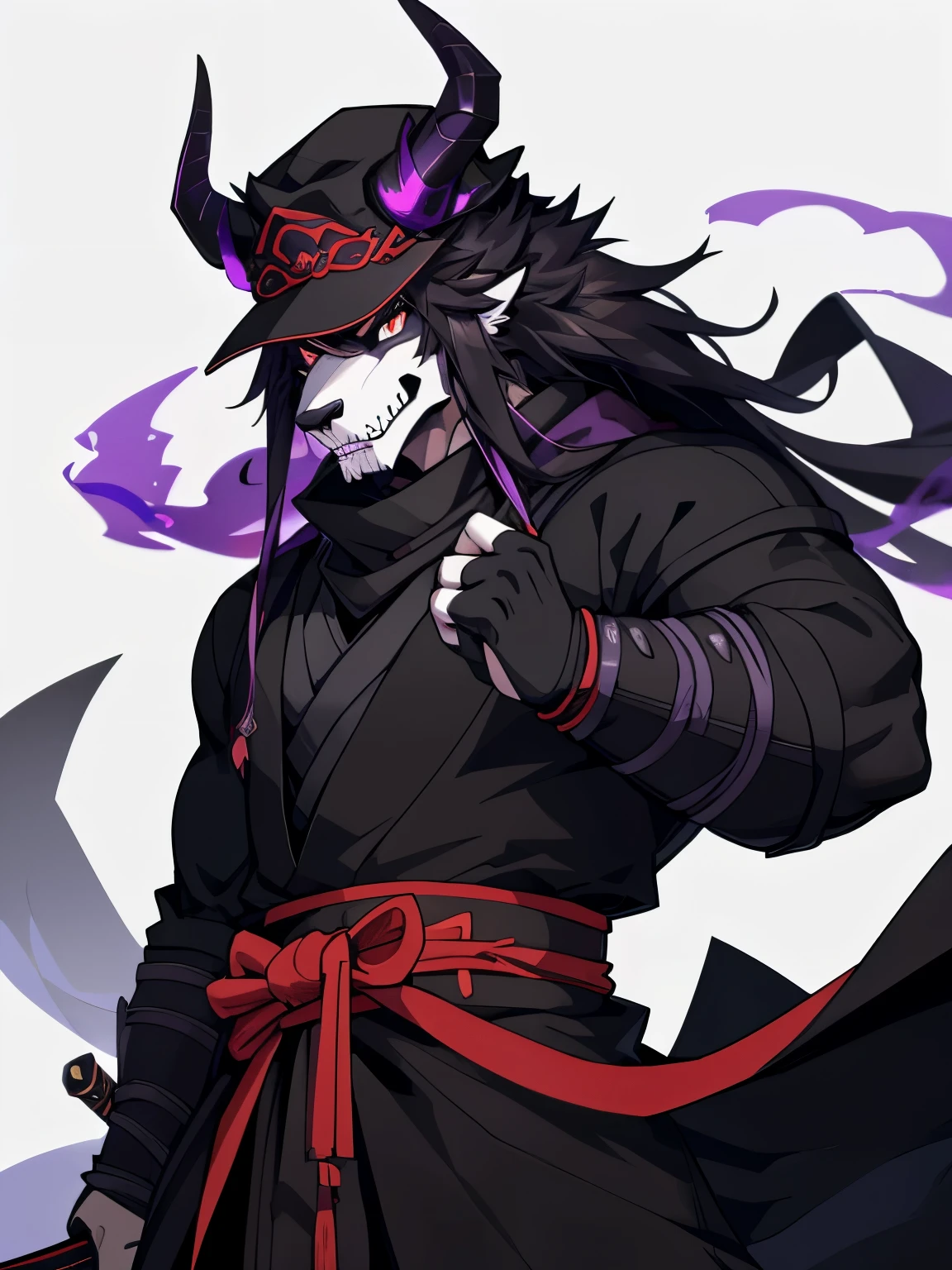 purple infernal horns , void skull wolf head, sexy black samurai hat,outfit black samurai , long samurai hair, black scarf , muscle ,handsome , cool , white background ,cool pose , sexy , black body , half body