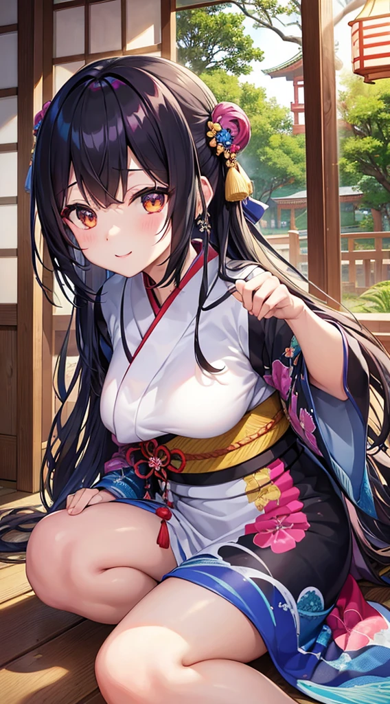 Master Pieces、hyper quality,、Perfect drawing with super detail、独奏、Beauty in the world、Komono、Japanese dress、Black-haired、Japanese hair、Colorful Japan kimono、octane renderings、nffsw、(ultra-detailliert:1.15)、(Soft light、sharp:1.2)、1girl in、a beauty girl、Ultra detailed eyes、A MILF、Rainbow painting drops、Splat、Splash、long colored hair、ultra detailed texture kimono、(hair adornments、耳Nipple Ring、)、outside of house、pine trees