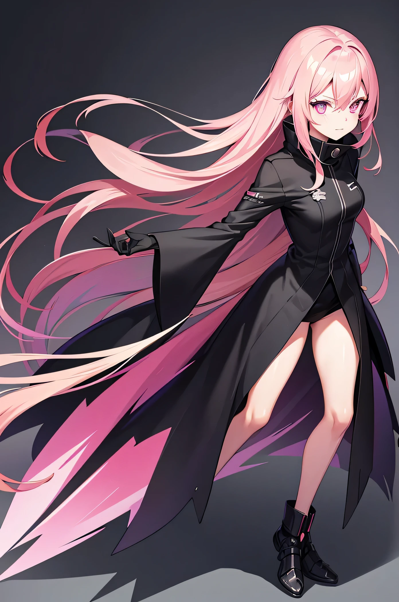 a cartoon image of a woman in a black outfit and a long black coat with pink hair, wearing techwear and armor, sao style anime, inspired by Jin Homura, “anime girl, pale black armor, dark sorceress fullbody pose, :14 80s anime style, by Jin Homura, character adoptable, full body adoptable, clear outfit design, outfit design