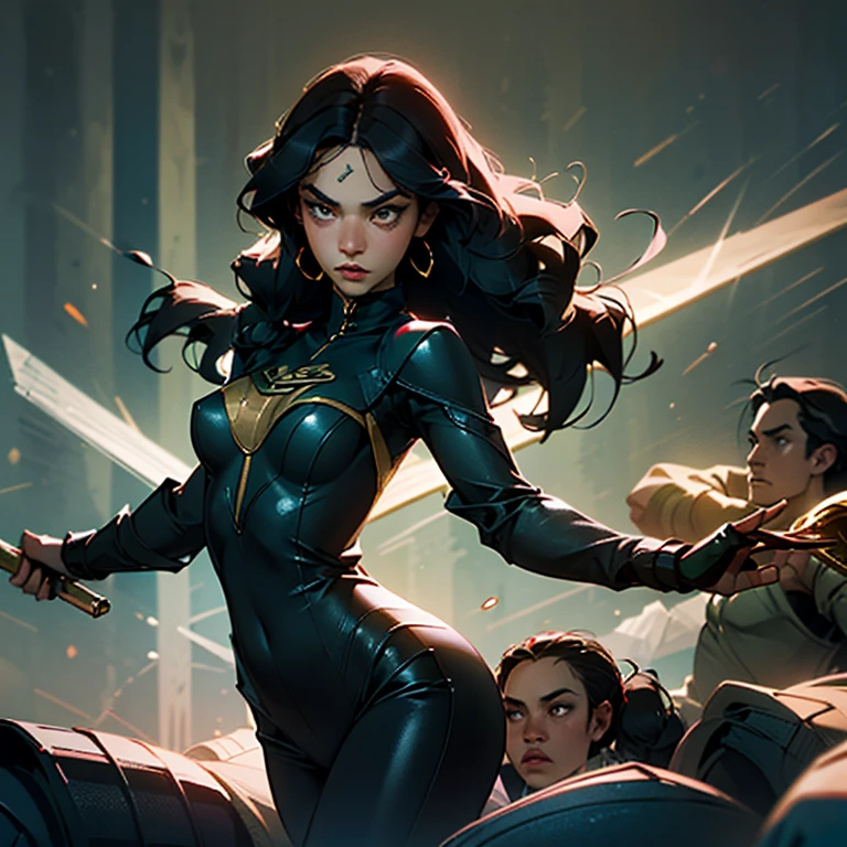 (masterpiece,High quality,Top quality,super detail, best quality ,)1 woman,black hair,hair details,beautiful,black bodysuit,fight,((holding a baton)),skin details,body details,facial details,hd,fullbidy,