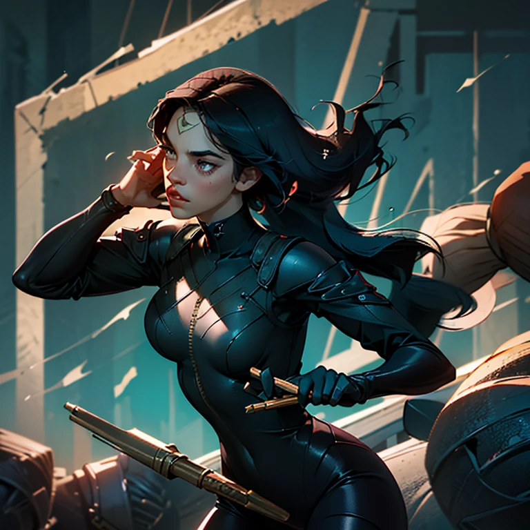 (masterpiece,High quality,Top quality,super detail, best quality ,)1 woman,black hair,hair details,beautiful,black bodysuit,fight,((holding a baton)),skin details,body details,facial details,hd,fullbidy,