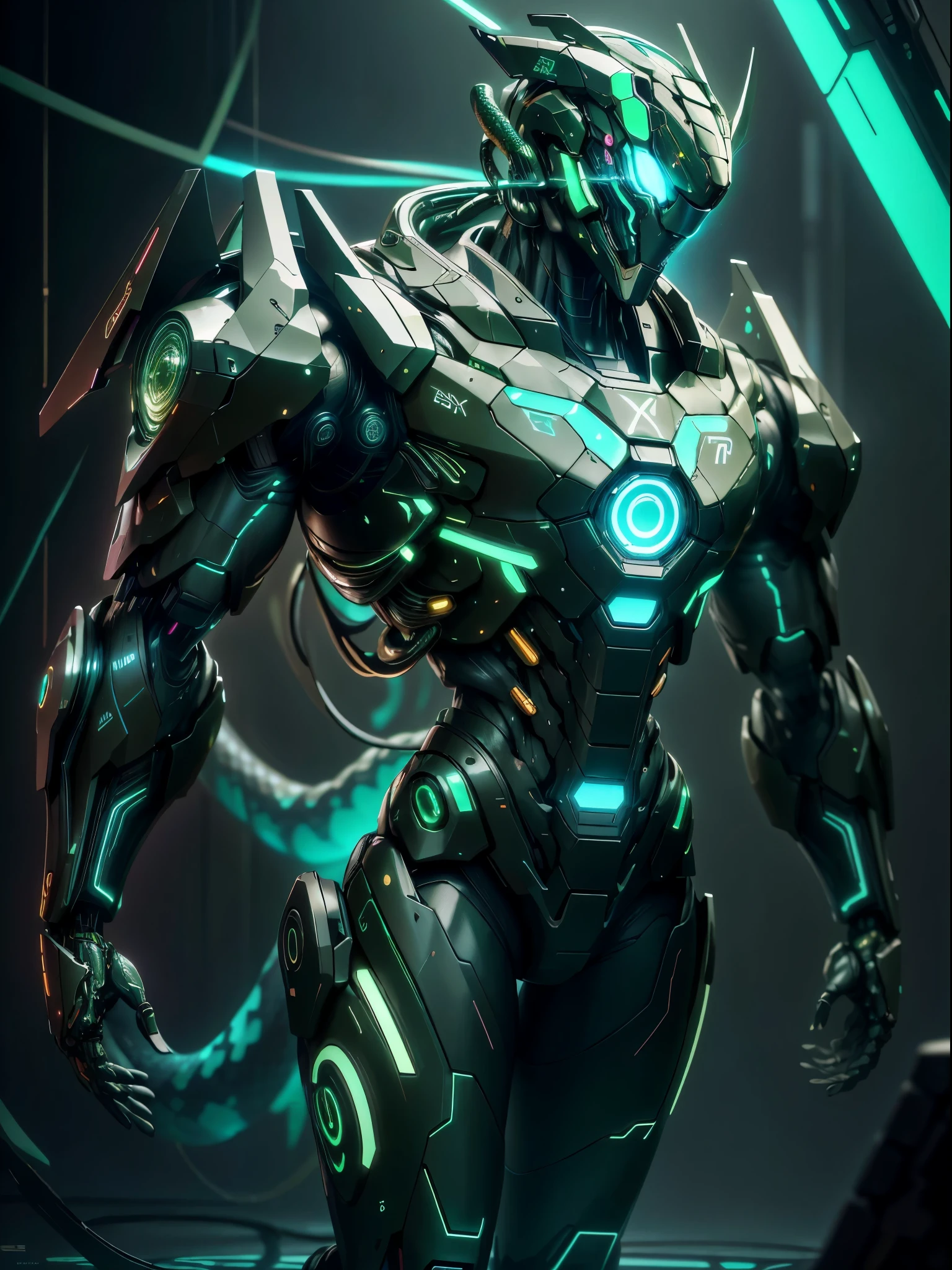 realistic,shiny,reflective,bioluminic, galactic cybernetic mask,mecha,( Snake Cyborg:1.2)sh4g0d,GlowingRunes_green, slim body, fullbody, cinemnatic, colourful neon lights in the background, back light, high contrast, colourful