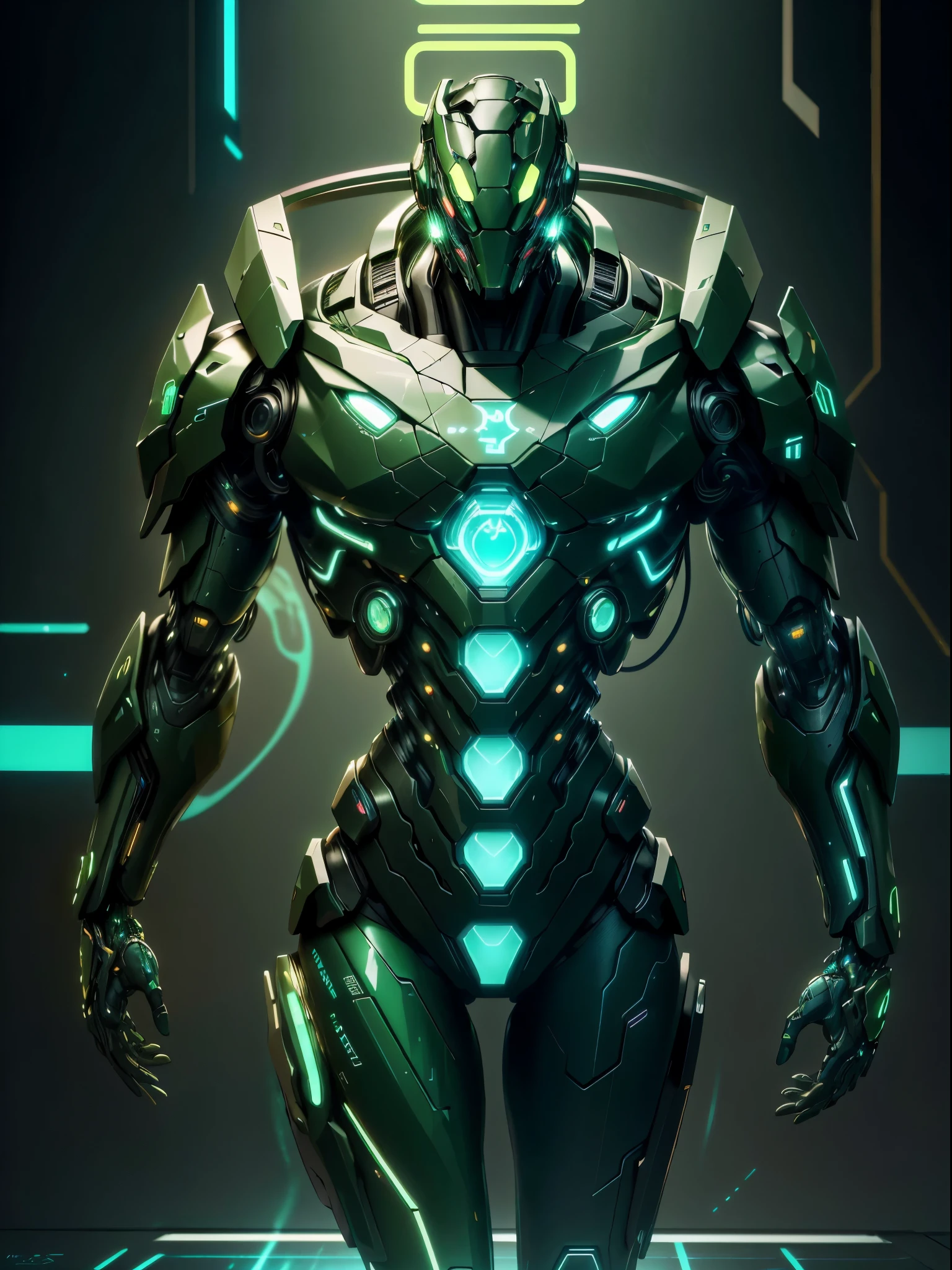 realistic,shiny,reflective,bioluminic, galactic cybernetic mask,mecha,( Snake Cyborg:1.2)sh4g0d,GlowingRunes_green, slim body, fullbody, cinemnatic, colourful neon lights in the background, back light, high contrast, colourful