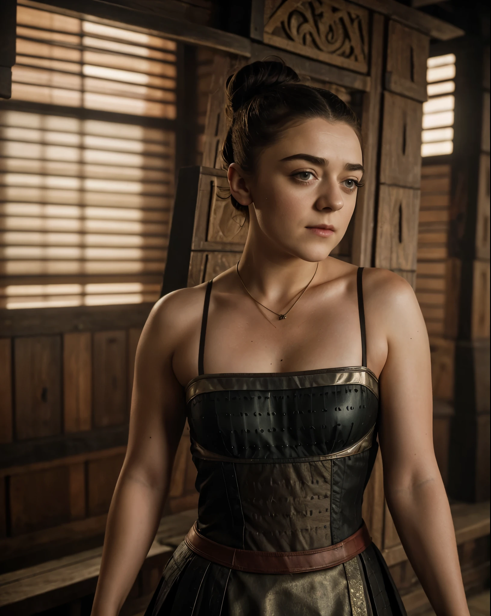 Foto RAW, RAW photograph of Maisie Williams, Arya Stark, mediaeval world cinematic background, Extremely gorgeous lady, Arya Stark PLAYED BY MAISIE WILLIAMS, Queen Arya Stark, she a mature woman now, milf, sexy mediaeval battle dress, gladiator woman, body, 40 years old Woman, body revealing costumes, perky breast, skin pores, big natural breast, erotic costumes, lusty physique, seductive figure can capture every people's attention, Game of thrones costumes, revealing captivating figure, Mediaeval costumes, revealing clothes, A tomboy, she would rather fence than dance, warrior queen , game of thrones screen caps, Game of Thrones Series, (pele altamente detalhada: 1.2), 8k UHD, DSLR, soft-lighting, alta qualidade, grain of film, Fujifilm XT3, flawless picture, highly detailed, detailed Beauty, intricate, 32k, sharp picture,
