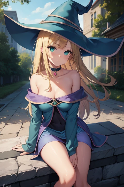 darkmagiciangirl, dark magician girl, blonde hair, choker, (green eyes:1.5), long hair, BREAK bare shoulders, blue footwear, blush, blush stickers, cleavage, collarbone, duel monster, hat, off shoulder, pentacle, wizard hat, (blue clothes:1.5), BREAK looking at viewer, BREAK outdoors, city, BREAK (masterpiece:1.2), best quality, high resolution, unity 8k wallpaper, (illustration:0.8), (beautiful detailed eyes:1.6), extremely detailed face, perfect lighting, extremely detailed CG, (perfect hands, perfect anatomy),(nsfw:1.2), (nipple slip from clothes:1.2), open clothes, (breasts out:1.2), (nipples:1.2),