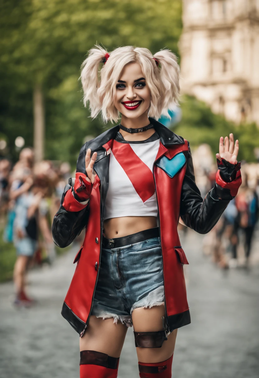 ultrarealistic high quality photo of a beautiful young european woman with cute face and blonde messy bob hair and beautiful smile, wearing extremely detailed harley quinn cosplay outfit, full body outdoor photography, public park with many other people, waving hand to the viewer