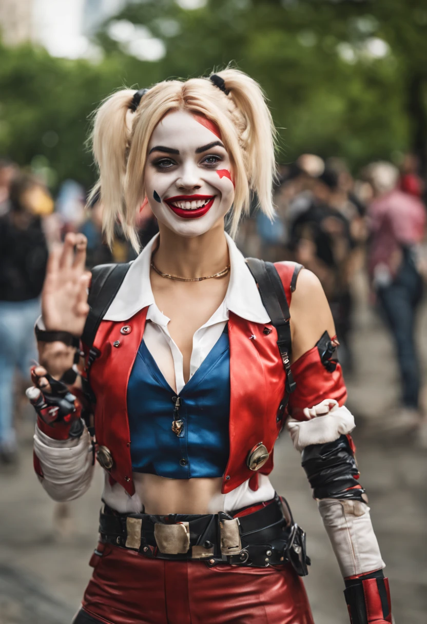 ultrarealistic high quality photo of a beautiful young european woman with cute face and blonde messy bob hair and beautiful smile, wearing extremely detailed harley quinn cosplay outfit, full body outdoor photography, public park with many other people, waving hand to the viewer