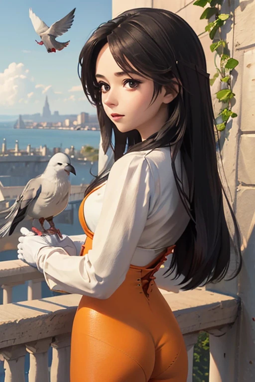 masterpiece, best quality, ultra detailed, ultra resolution, 1girl, double eyelid, perfect anatomy, 
1girl, (garnet-smf, orange bodysuit, solo, long hair, (low-tied long hair), bodysuit, black hair, from behind, gloves, long sleeves, puffy sleeves, 
looking back, puffy long sleeves, black eyes), usual expression,
upper body, (fantasy castele balcony:1.3, no roof:1.3) 
(a little wall with ivy growing:1.2), (lots of pigeons:1.3), (blue sky:1.3), clouds, good view