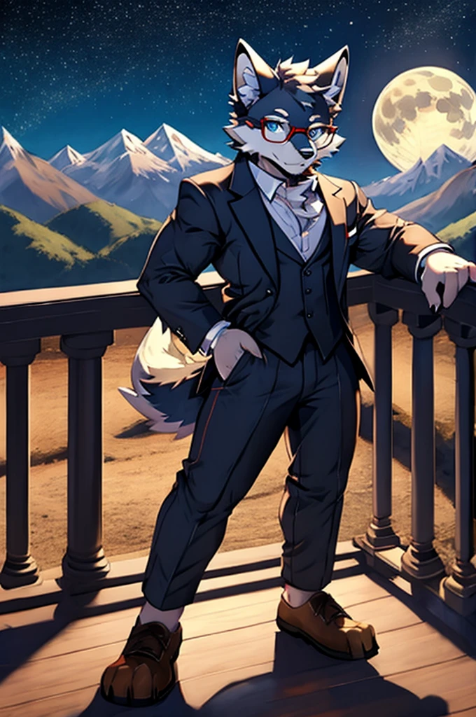 solo, wolf, male, tall, white fur, deep blue eyes, tuxedo, glasses, stand, wave hands, open balcony, mountains, full moon, full body