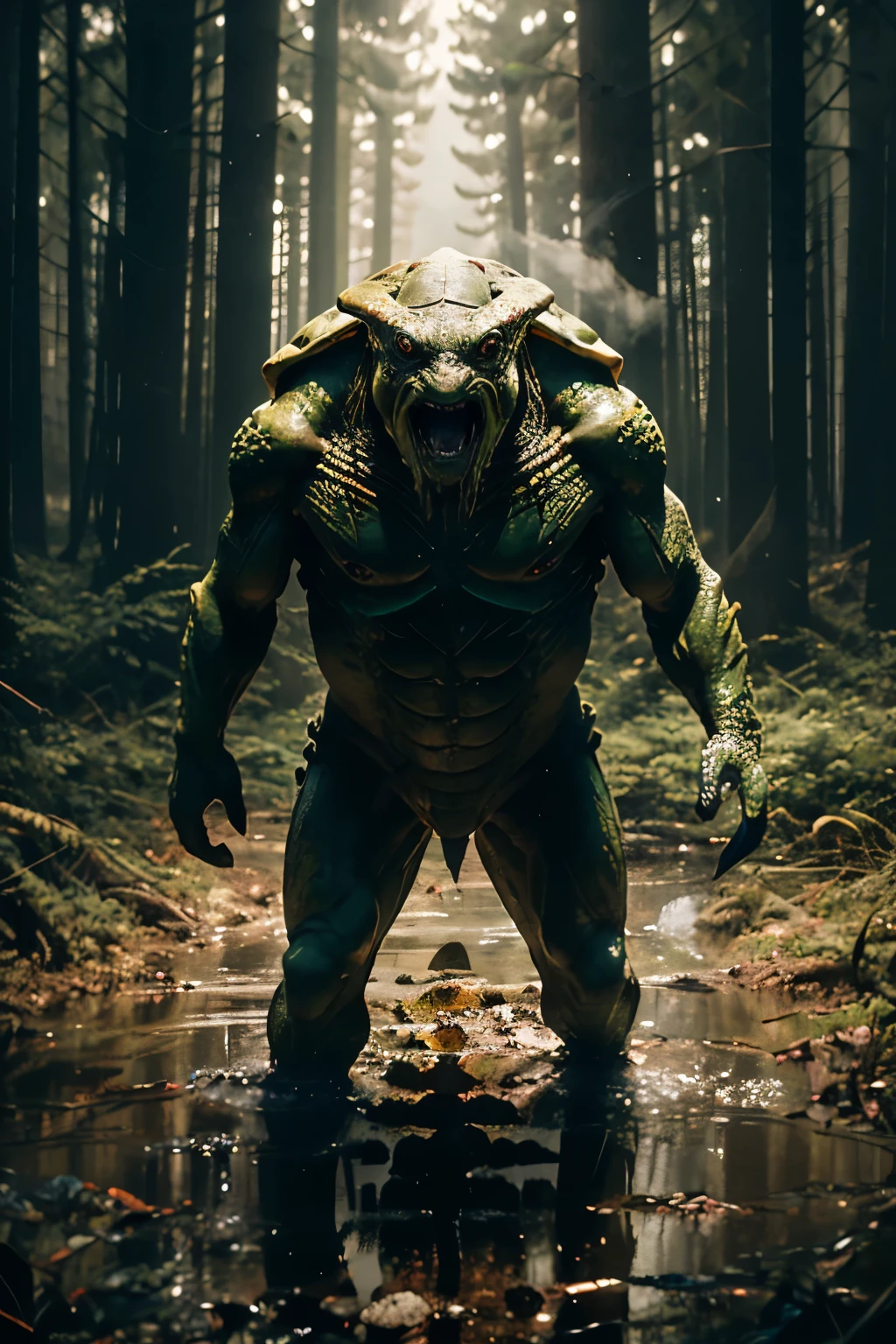 */image prompt/*: Full body photo from above taken with an Olympus OM-D E-Mix 8K UFD camera of realistic creepy beastman curcata turtle, scariest mutant creature, eyes stared looking to audience, standing Glance from behind the woods with killer expression and roar to the audience pose at night Dark lake, forest, smoke
