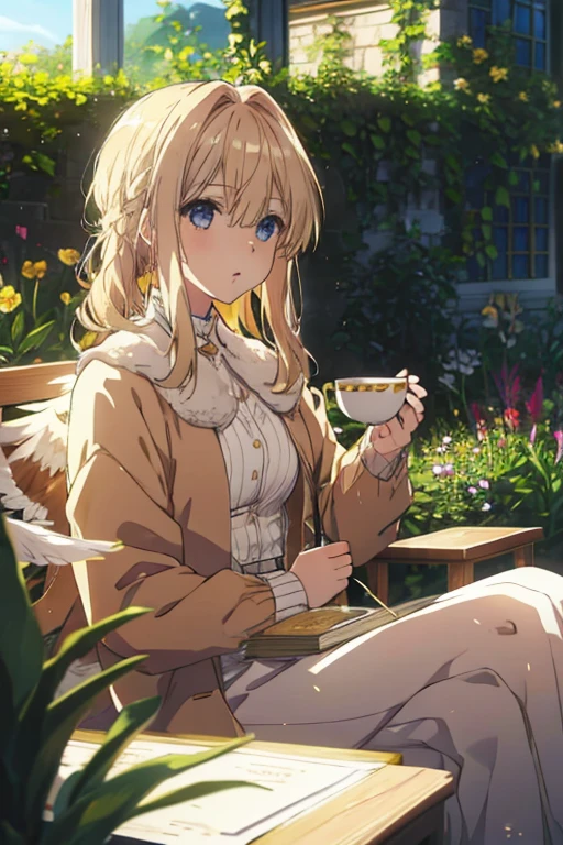 A light golden haired female angel with hazel eyes and white feathers with golden feathers drinking tea in a garden