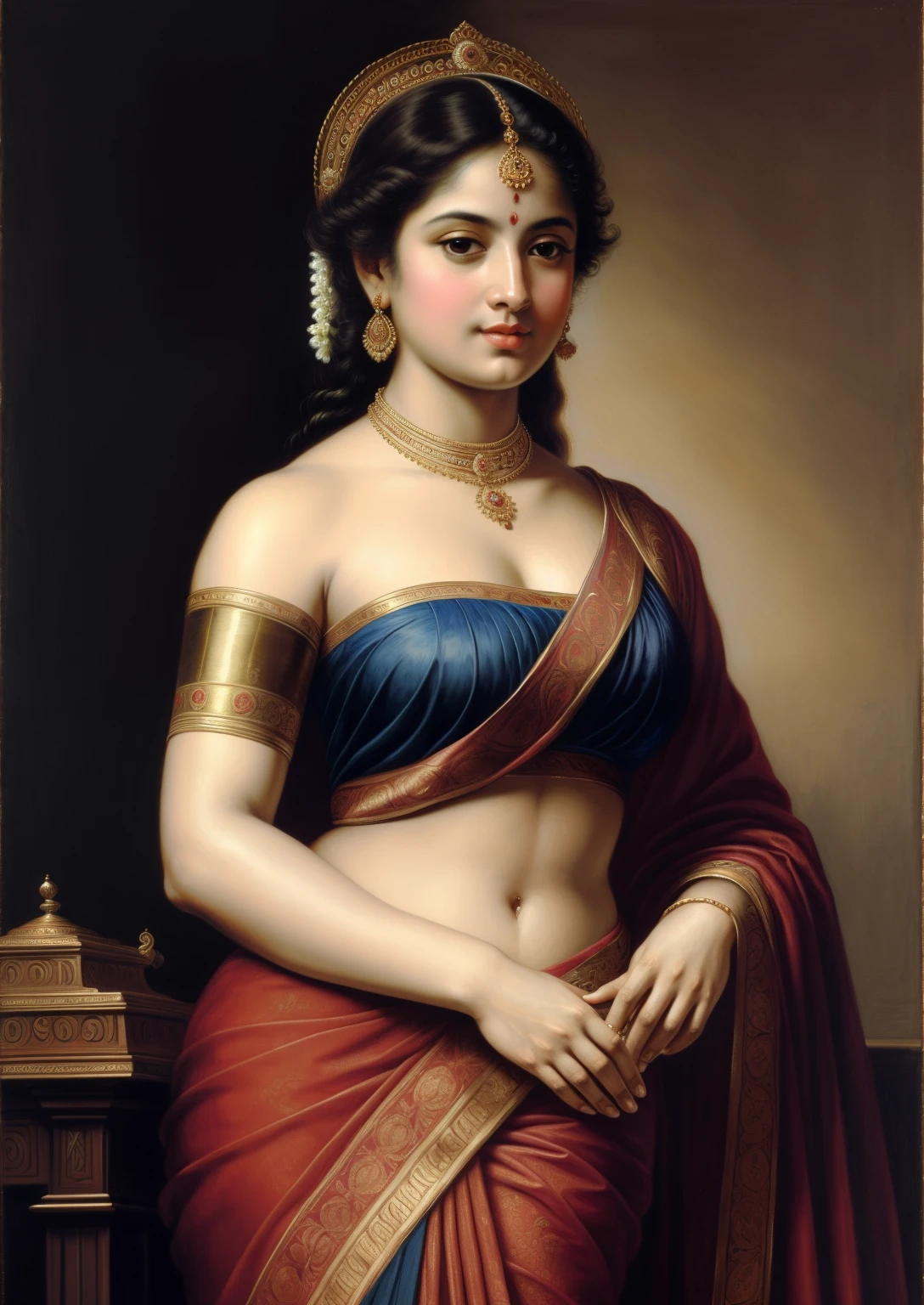 Beautiful Indian Woman, wearing saree, sari Beauty, gorgeous, Apsara, Maharani, royal queen woman, nymph from Hindu Mythology, pierced eyes, Urvashi, matchless beauty, Highly detailed, Oil Painting by Peter Paul Rubens inspired by Raja Ravi Varma, Matchless beauty, captivating, gorgeous, heavenly beauty, celestial beauty, by Peter Paul Rubens, 1893, realistic, hyper realistic, micro details, incredible artwork, insane details, ultra High resolution, 8k, 32k,  acrylic on canvas, intricate, flawless, detailed, detailed face, detailed eyes, masterpiece, by Peter Paul Rubens, by Caravaggio, by William Adolphe bouguereau, perfect face, perfect body, beautiful art, realism, baroque, renaissance Art, highly textured, beautiful eyes, uhd, best quality,
