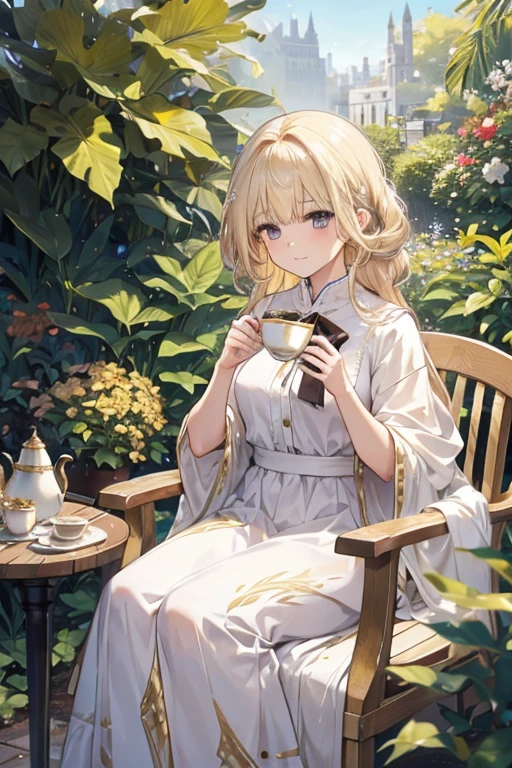 A  light golden haired female angel with hazel eyes and white feathers with golden feathers drinking tea in a garden