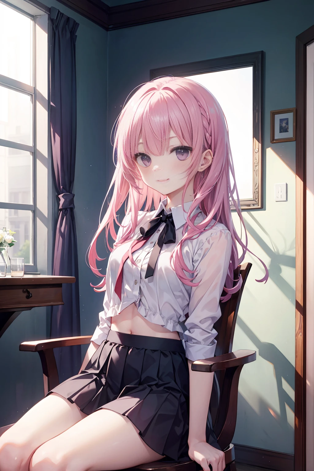 Purple eye,167cm height,55cm bust,RAW photogr, Camera gaze, ((quality, 8K, tmasterpiece: 1.3)), Focus sharp: 1.2, white shirt, black short skirt,nifty features, The best smile, adorable smile, Beautiful Woman with Perfect Style: 1.4, Slim abs: 1.2, mitsukasa ayase,Purple eye,Pink medium long hair, Smaller,, (natural soft light, : 1.1), Indoors,Indoors大厅里,Highly detailed facial and skin textures while sitting in a chair, White panty hose,7 figures