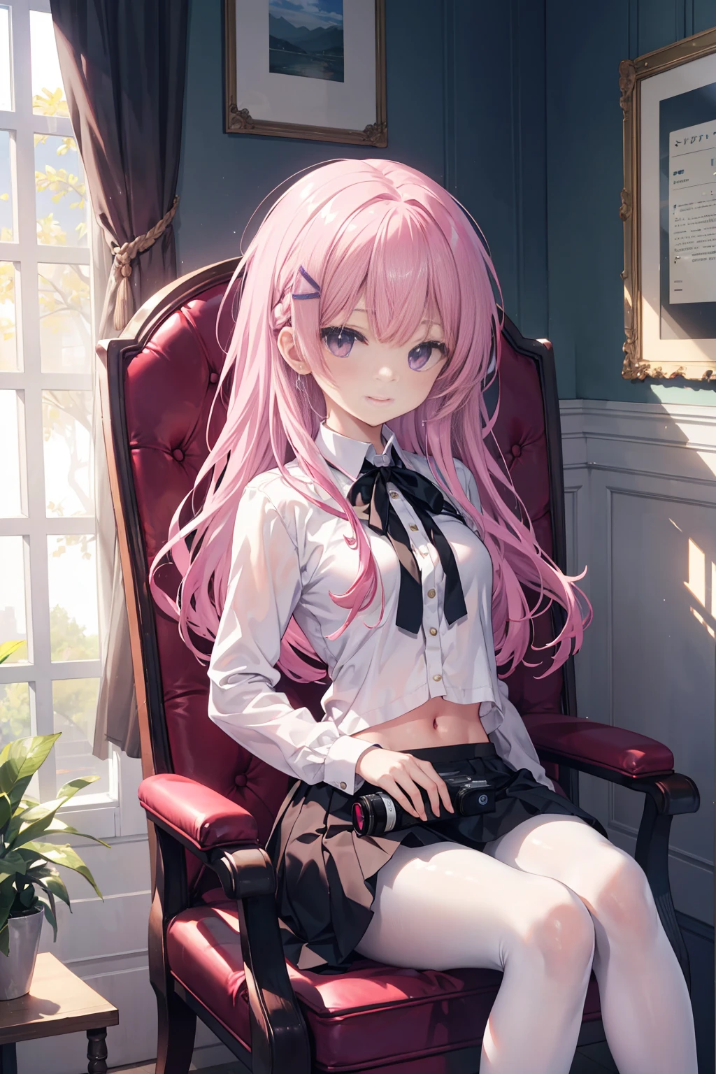 Purple eye,167cm height,55cm bust,RAW photogr, Camera gaze, ((quality, 8K, tmasterpiece: 1.3)), Focus sharp: 1.2, white shirt, black short skirt,nifty features, The best smile, adorable smile, Beautiful Woman with Perfect Style: 1.4, Slim abs: 1.2, mitsukasa ayase,Purple eye,Pink medium long hair, Smaller,, (natural soft light, : 1.1), Indoors,Indoors大厅里,Highly detailed facial and skin textures while sitting in a chair, black pantyhoses,7 figures