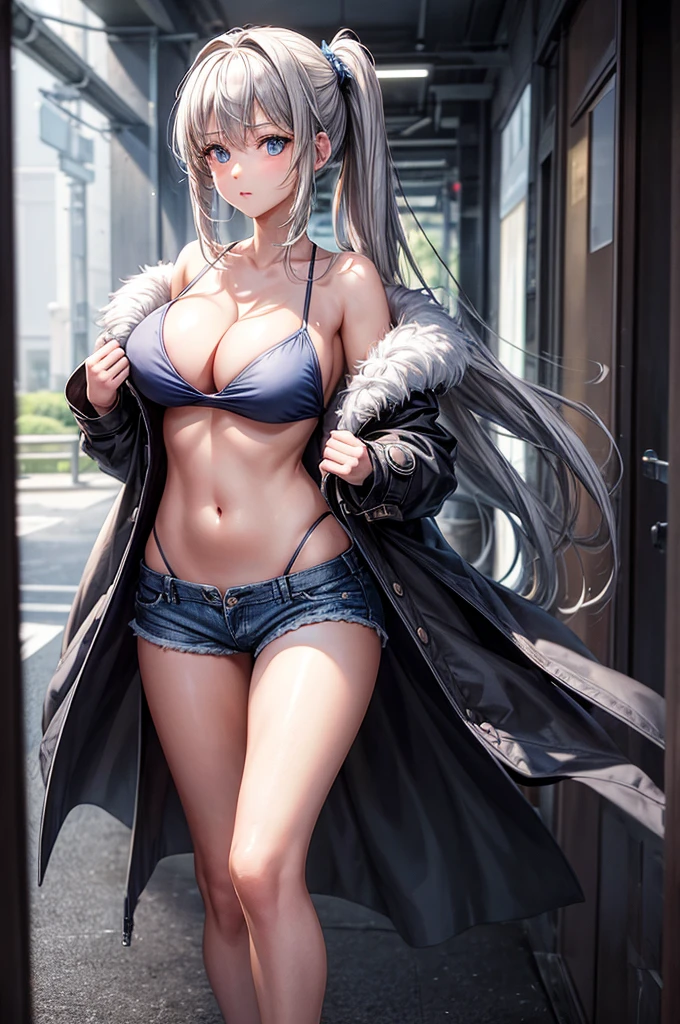 (Enrich the picture,Masterpiece level quality)Beautiful 8K CG artwork,1girl,solo,detailed face, perfect face, perfect eyes,blue eyes,Long Hair, pony tail,Very long hair,grey hair,chuckle,Slim and soft,big breasts,cleavage,Black Bikini,denim short shorts,open shorts,white oversized fur coat, open belly,open breasts,hands in coat pocket,combat boots,